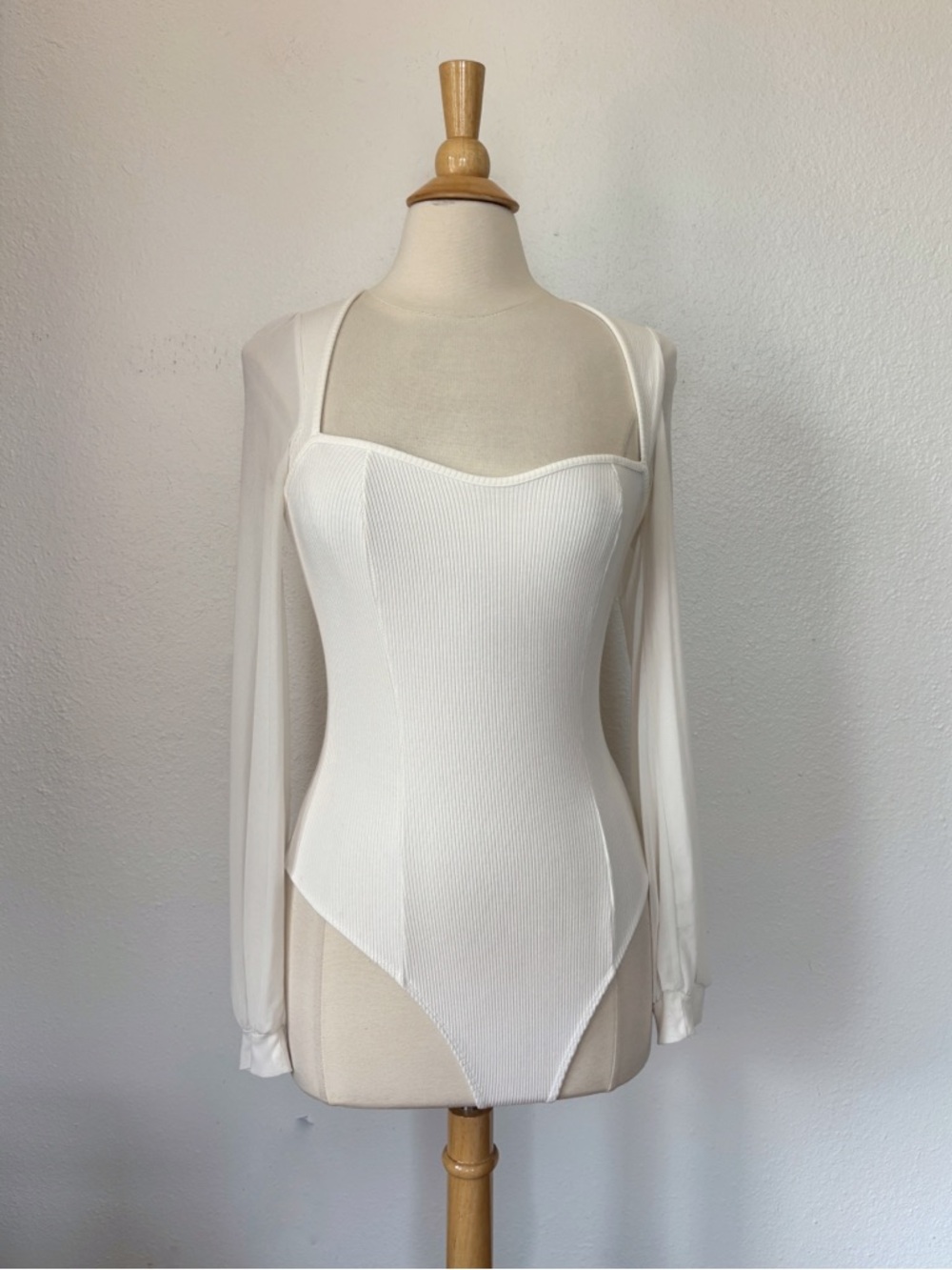 Lulu’s Solid White Sheer Sleeve Ribbed Long Sleeve Bodysuit